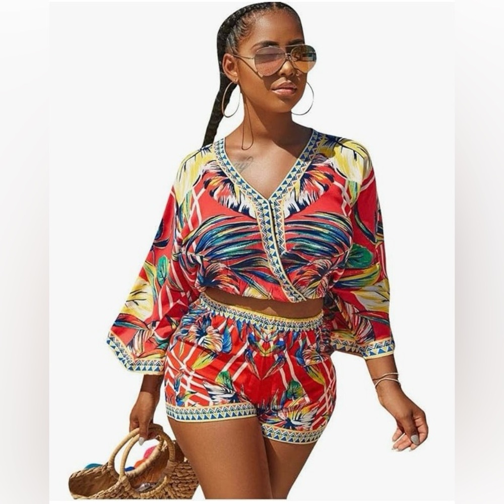 Boho Print 2pc Crop Top and Shorts Set